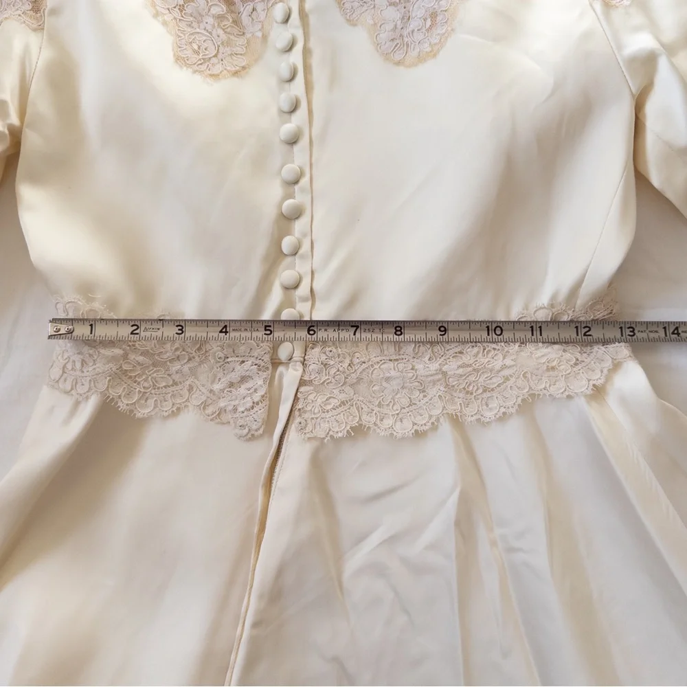 70s Wedding Dress in‎ Champagne with Empire Waist, ~25” and Lace Veil Headpiece
